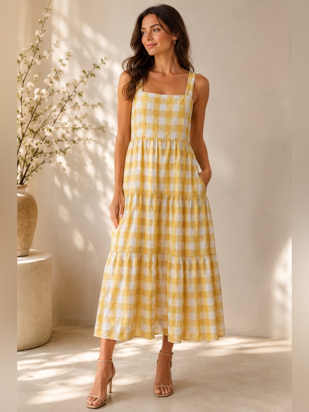 Vitamin A Yellow Gingham 100% Linen Mari Tiered Maxi Dress | Size M